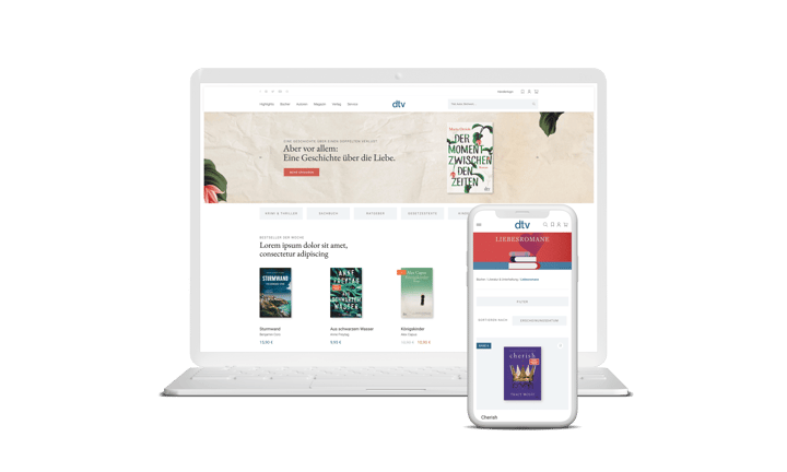Grafik: Ein Online-Shop wird auf einem Laptop- und Smartphone-Bildschirm angezeigt.
