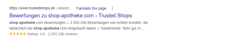Bild: Rich Snippet in der Google-Suche. Trusted Shops Kundenbeispiel - Shop-Apotheke.com